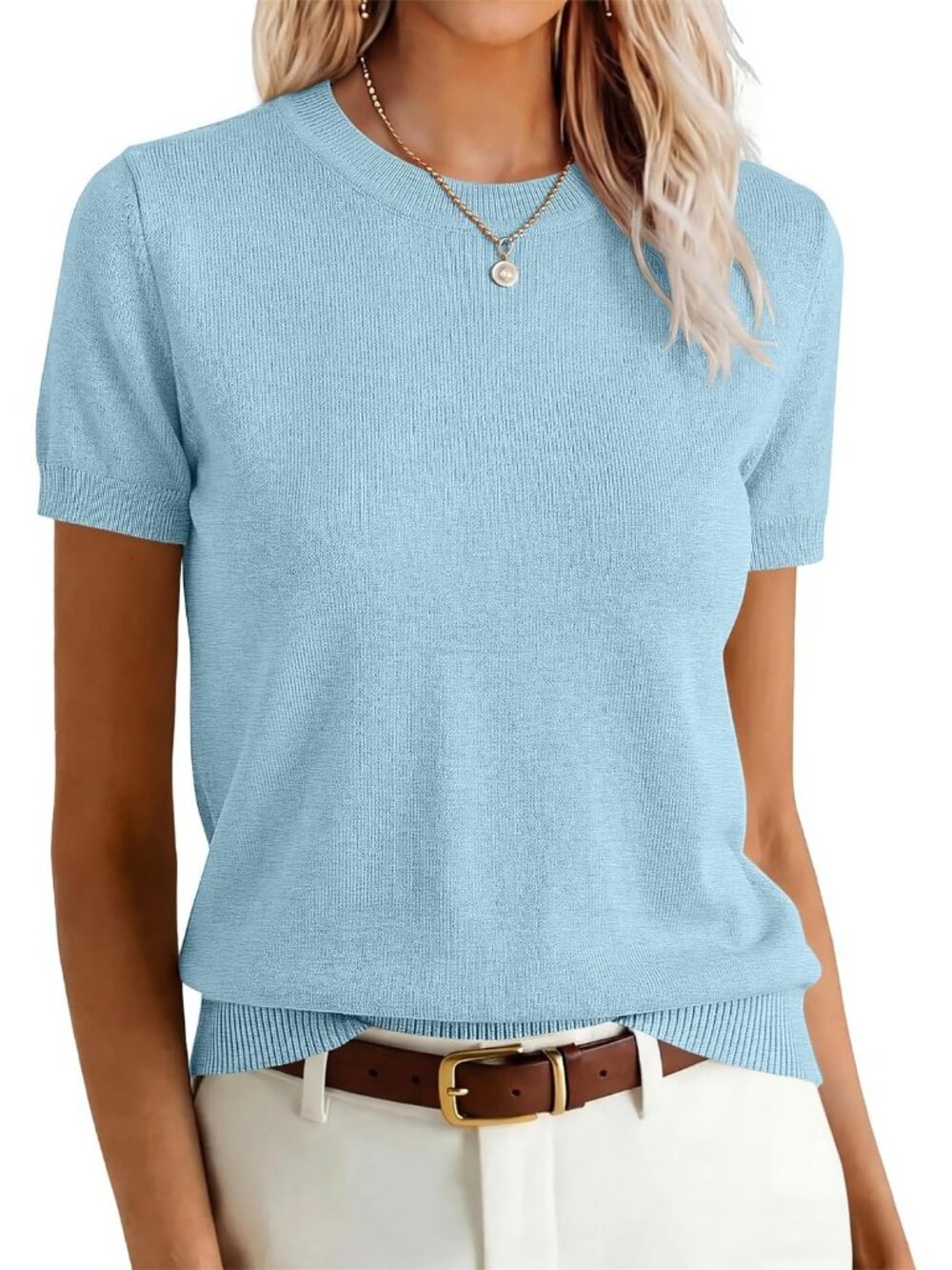 Women's Light Blue Wool Blend Crew Neck Short Sleeve Casual Pull On Sweater